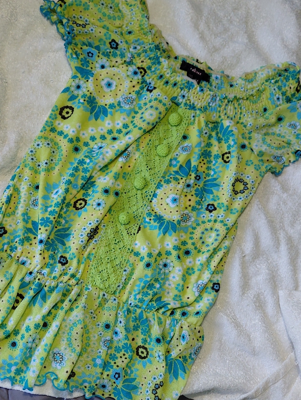 GIRLS. Takara Lime Green and Aqua Floral Ruffled Top